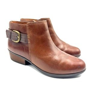 Clarks Womens 6.5 Western Boots Booties Ankle Leather Cushion Almond Toe Buckle